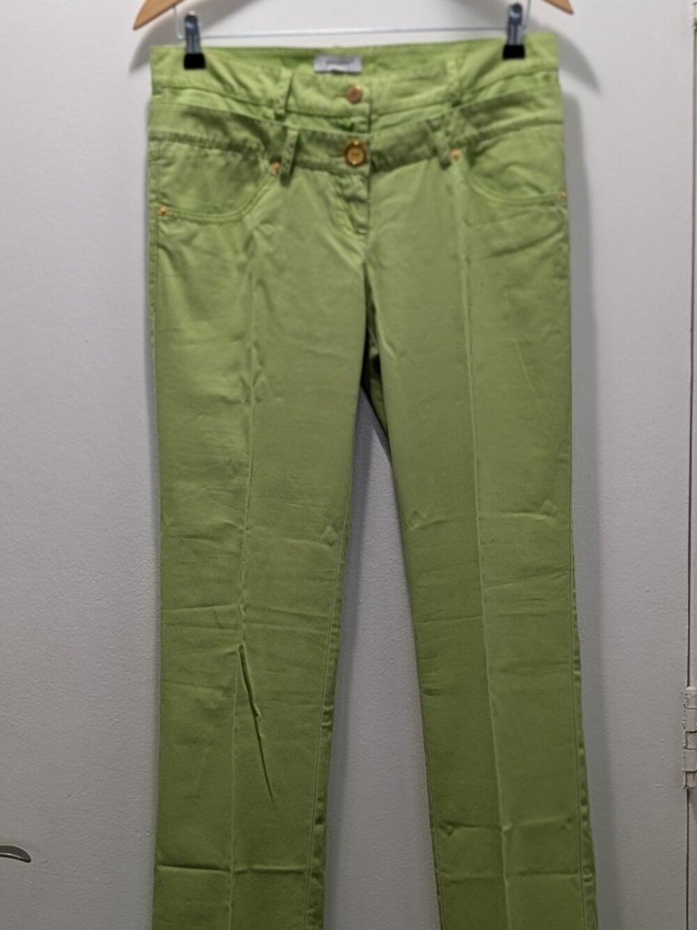 Societa Green Cotton Pants I Double Waistband Design I Gold Toned Buttons